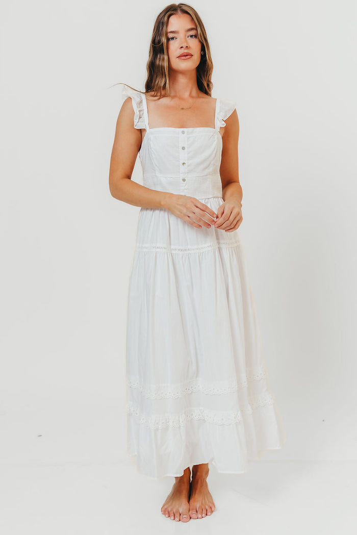 Diana Lace Trim Tiered Detail Ruffle Strap Midi Dress in Off White *Final Sale*