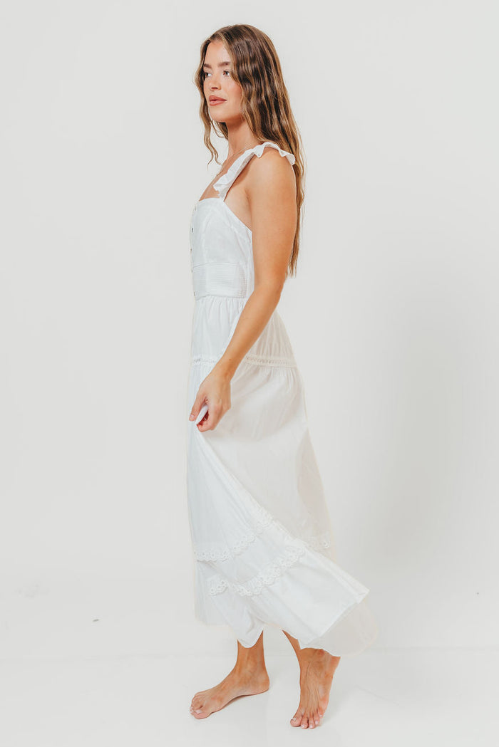 Diana Lace Trim Tiered Detail Ruffle Strap Midi Dress in Off White *Final Sale*