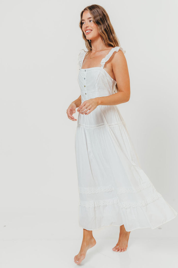 Diana Lace Trim Tiered Detail Ruffle Strap Midi Dress in Off White *Final Sale*