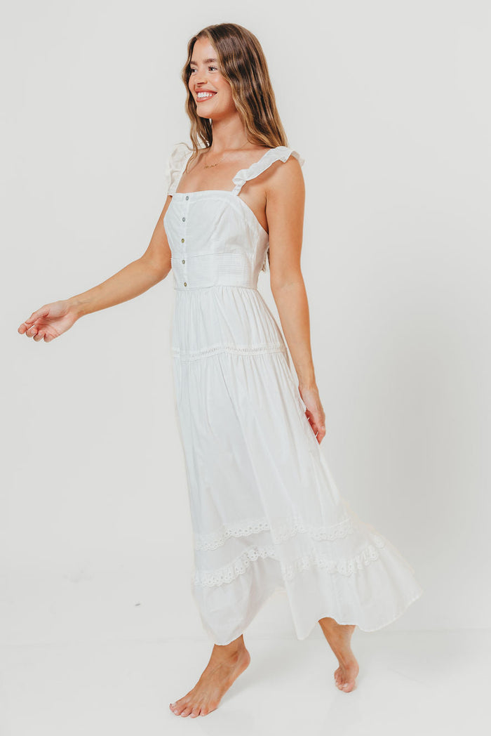 Diana Lace Trim Tiered Detail Ruffle Strap Midi Dress in Off White *Final Sale*