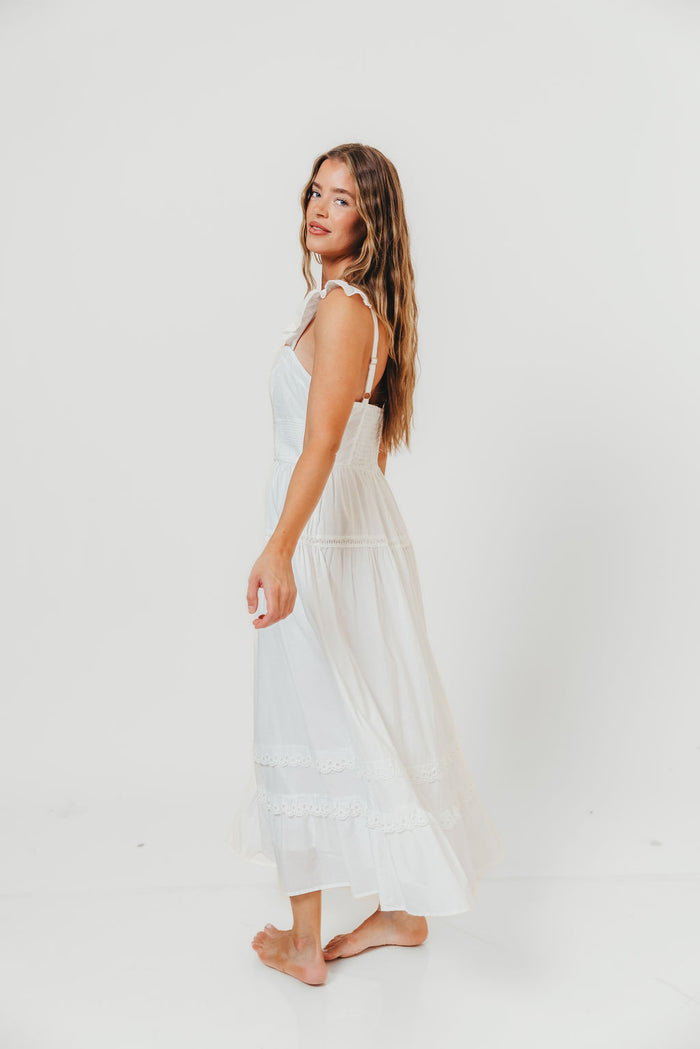 Diana Lace Trim Tiered Detail Ruffle Strap Midi Dress in Off White *Final Sale*