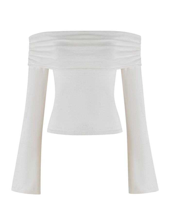 Introducing the DIEDRE JUMPER - WHITE: CREAM by TIGERMIST, an off-the-shoulder top featuring a smooth, slightly gathered neckline and long sleeves. The high-stretch fabric ensures a form-fitting style from bust to waist, while the sleeves are fitted near the shoulder and flare out towards the wrists.