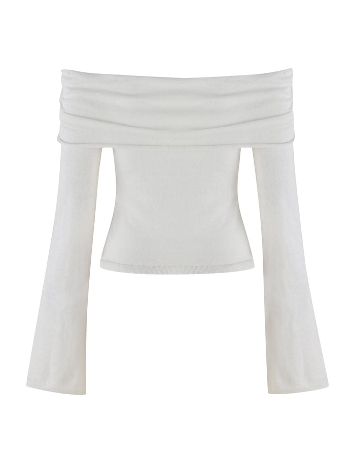 The DIEDRE JUMPER - WHITE: CREAM by TIGERMIST is an off-the-shoulder long-sleeve top with a wide, ruched neckline. This elegant blouse features a fitted bodice made from high-stretch fabric and dramatic bell sleeves, creating a stylish and sophisticated look.