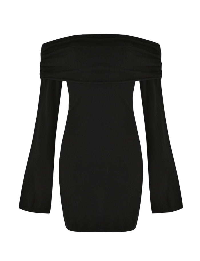 The DIEDRE JUMPER DRESS - BLACK by TIGERMIST is an elegant black off-the-shoulder piece featuring long bell sleeves. Its wide band neckline beautifully showcases the collarbone area. This fully fashioned knit dress boasts a fitted silhouette and extends to mid-thigh length, making it a stylish choice for any occasion.