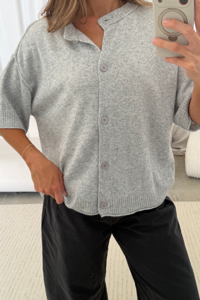 Dina Cashmere Blend Short Sleeve Cardigan in Heather Grey