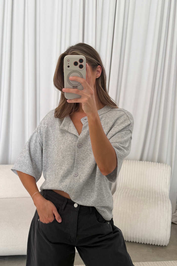 Dina Cashmere Blend Short Sleeve Cardigan in Heather Grey