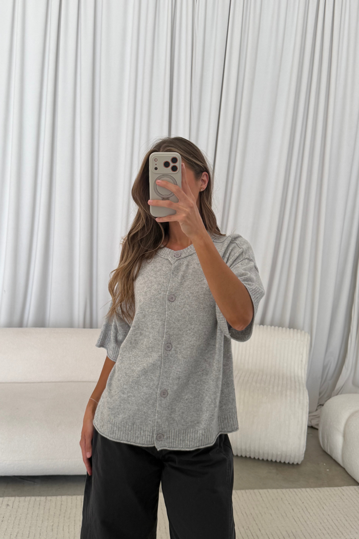 Dina Cashmere Blend Short Sleeve Cardigan in Heather Grey