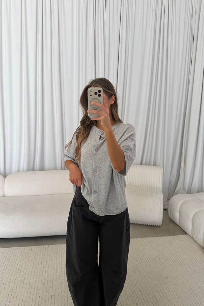 Dina Cashmere Blend Short Sleeve Cardigan in Heather Grey