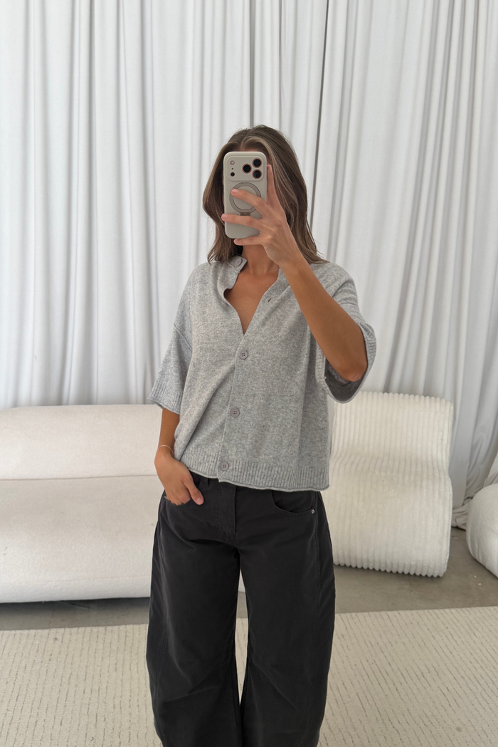 Dina Cashmere Blend Short Sleeve Cardigan in Heather Grey