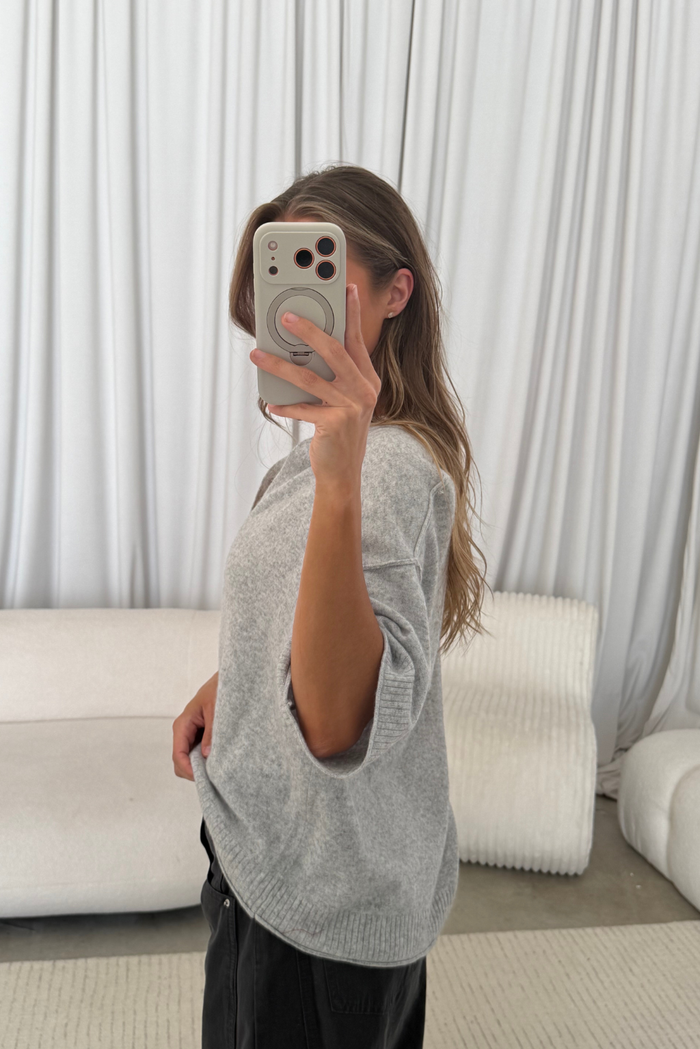 Dina Cashmere Blend Short Sleeve Cardigan in Heather Grey