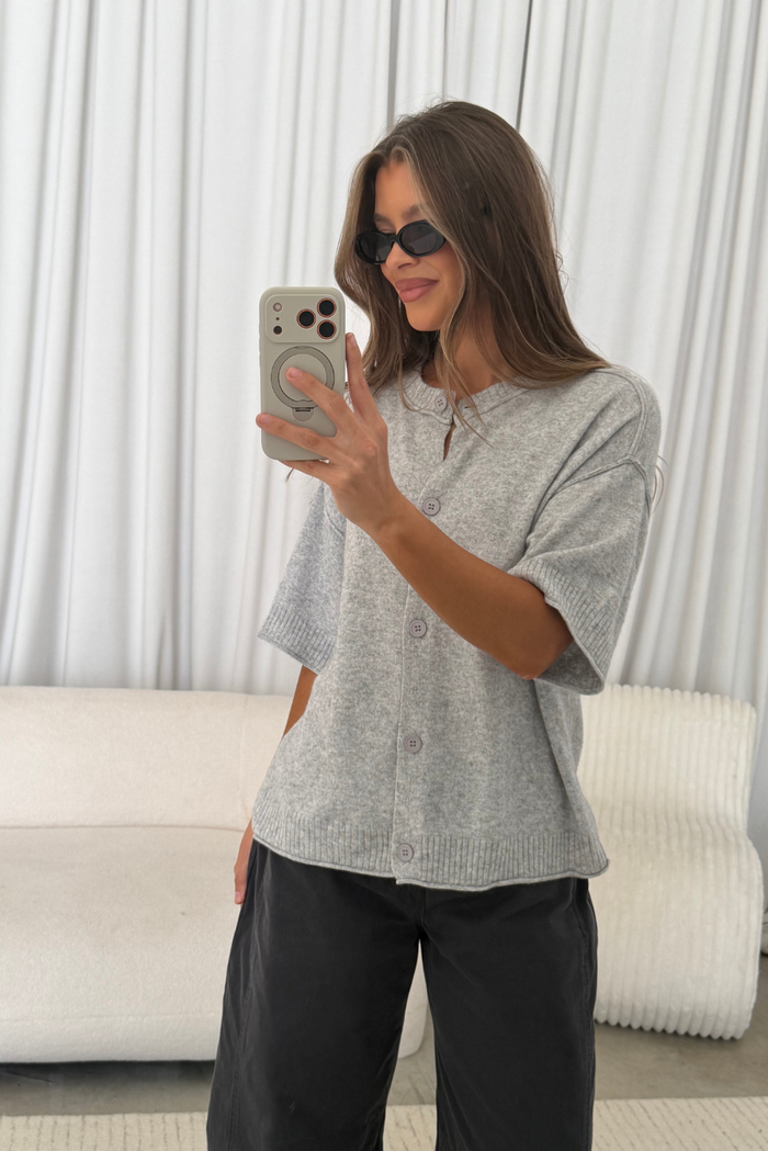 Dina Cashmere Blend Short Sleeve Cardigan in Heather Grey