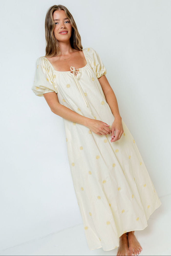 Dolores Sun Embroidered Maxi Dress in Light Yellow
