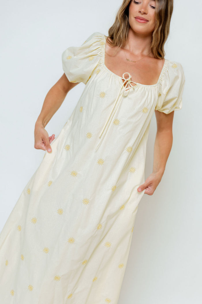 Dolores Sun Embroidered Maxi Dress in Light Yellow
