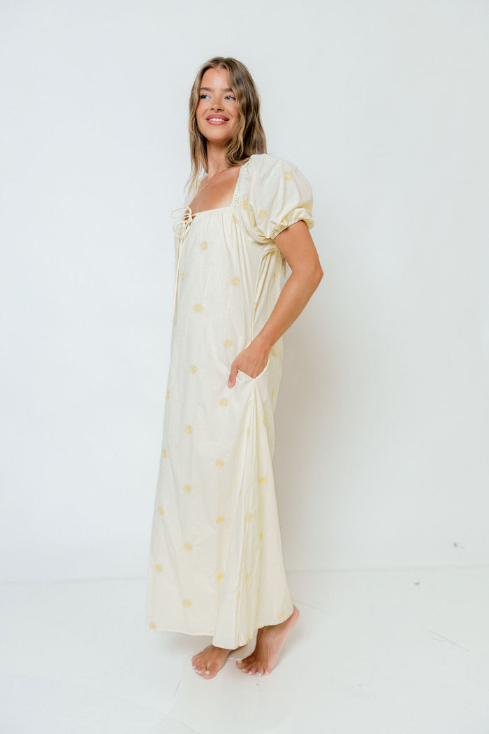 Dolores Sun Embroidered Maxi Dress in Light Yellow