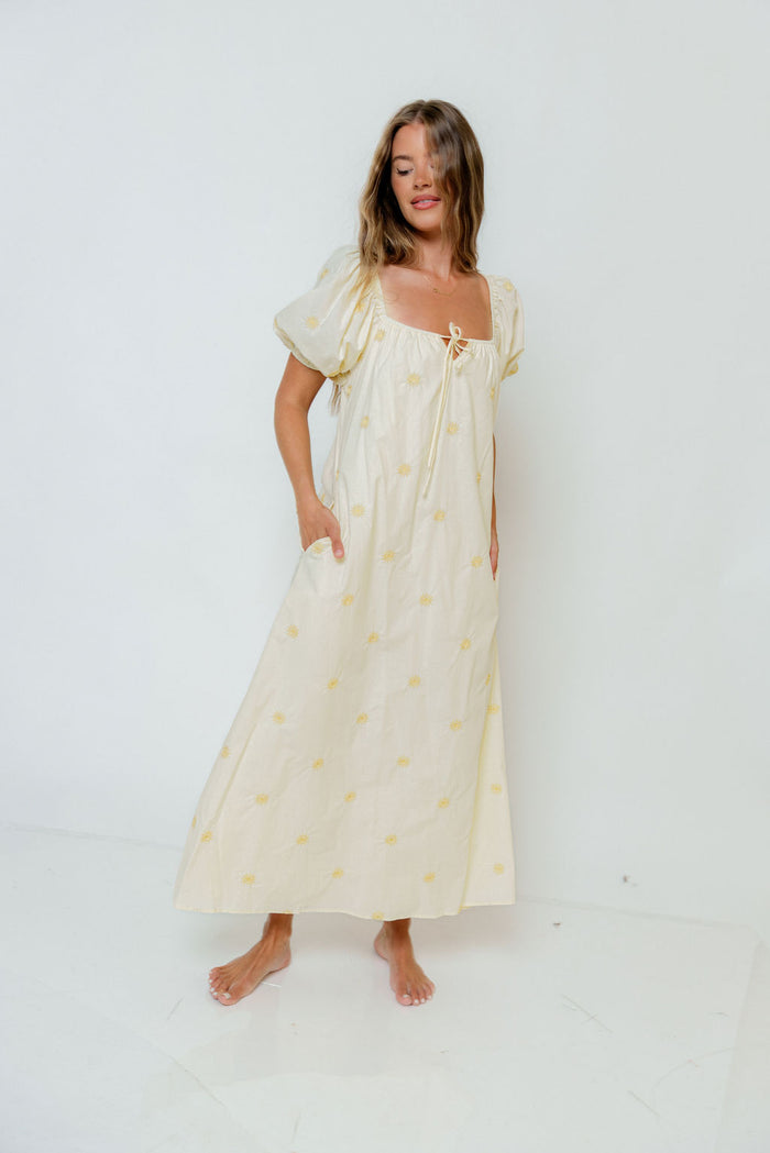 Dolores Sun Embroidered Maxi Dress in Light Yellow