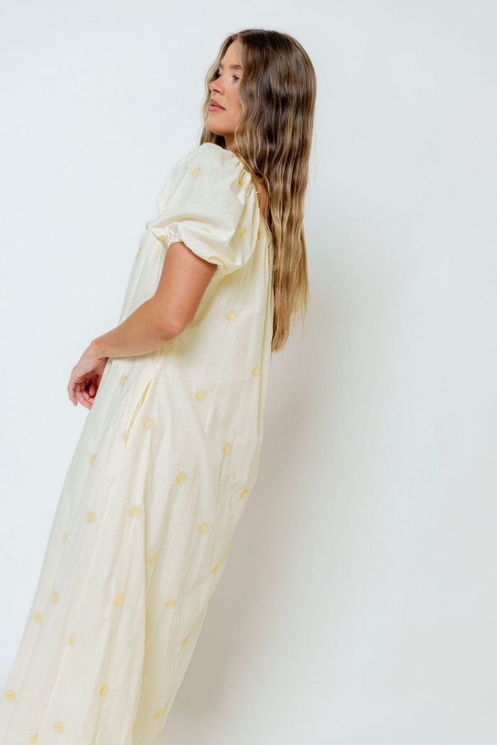 Dolores Sun Embroidered Maxi Dress in Light Yellow