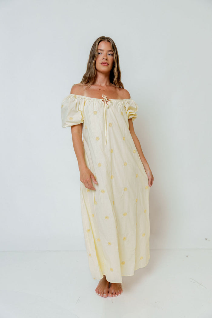 Dolores Sun Embroidered Maxi Dress in Light Yellow