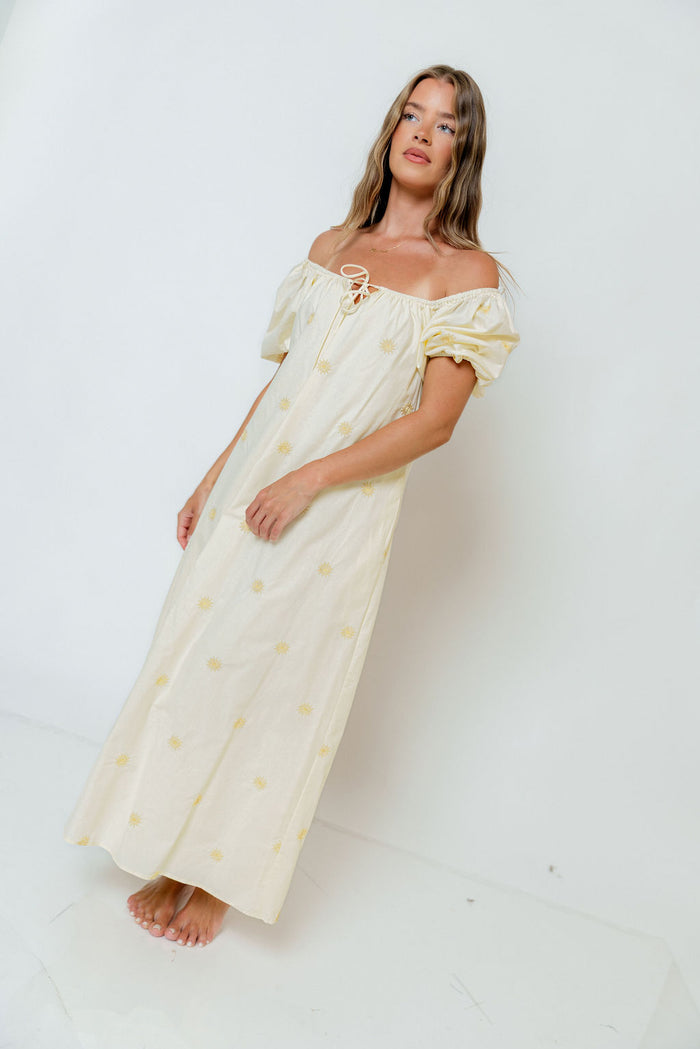 Dolores Sun Embroidered Maxi Dress in Light Yellow