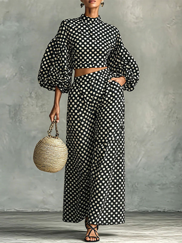 Dot Puff-Sleeve Top & Wide-Leg Pants Set