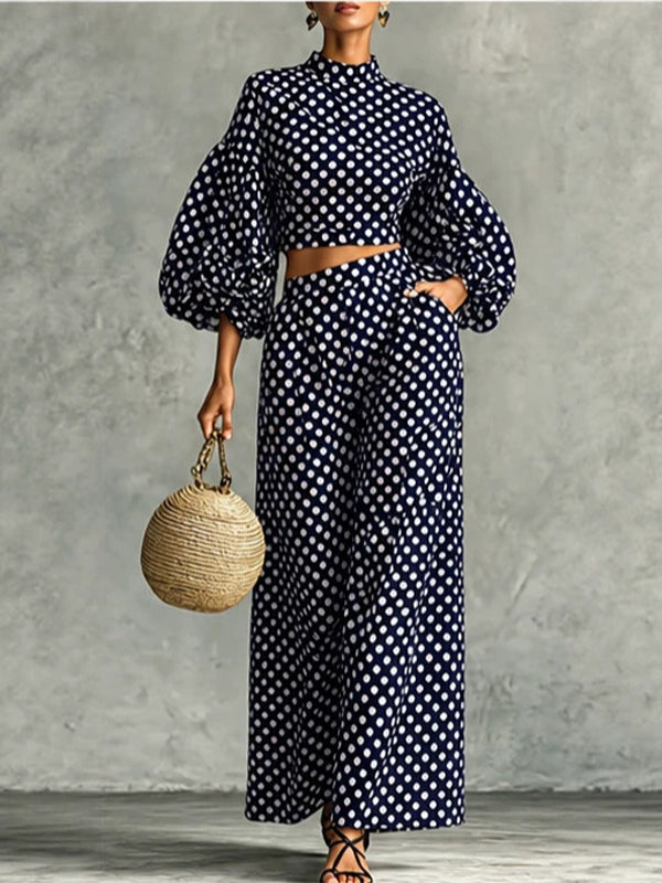 Dot Puff-Sleeve Top & Wide-Leg Pants Set