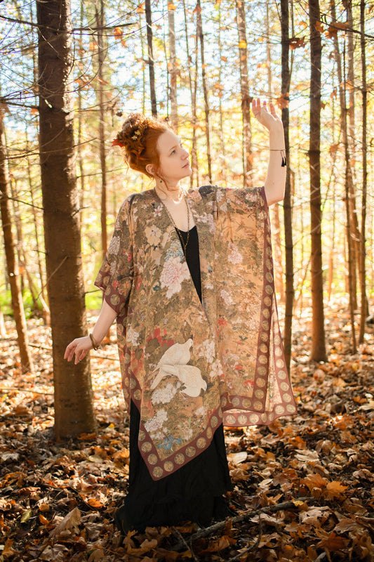 Dreamweaver Goddess Duster featuring Alphonse Mucha’s 1896 zodiac woman, celestial crown, and burgundy zodiac trim inspired by vintage bohemian style – Market of Stars