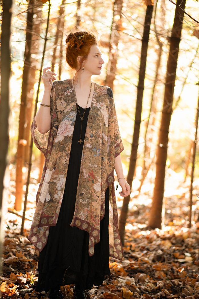 Dreamweaver Goddess Duster featuring Alphonse Mucha’s 1896 zodiac woman, celestial crown, and burgundy zodiac trim inspired by vintage bohemian style – Market of Stars