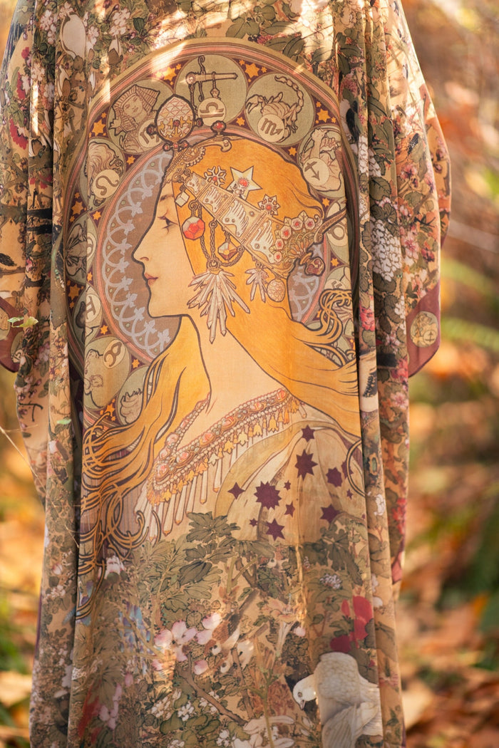 Dreamweaver Goddess Duster featuring Alphonse Mucha’s 1896 zodiac woman, celestial crown, and burgundy zodiac trim inspired by vintage bohemian style – Market of Stars