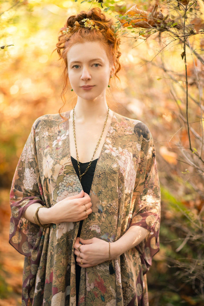 Dreamweaver Goddess Duster featuring Alphonse Mucha’s 1896 zodiac woman, celestial crown, and burgundy zodiac trim inspired by vintage bohemian style – Market of Stars