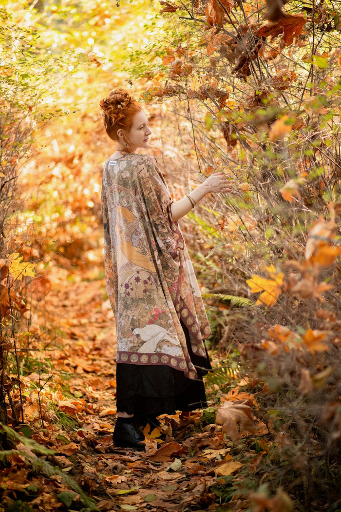 Dreamweaver Goddess Duster featuring Alphonse Mucha’s 1896 zodiac woman, celestial crown, and burgundy zodiac trim inspired by vintage bohemian style – Market of Stars