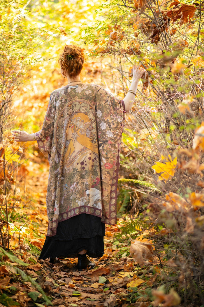 Dreamweaver Goddess Duster featuring Alphonse Mucha’s 1896 zodiac woman, celestial crown, and burgundy zodiac trim inspired by vintage bohemian style – Market of Stars