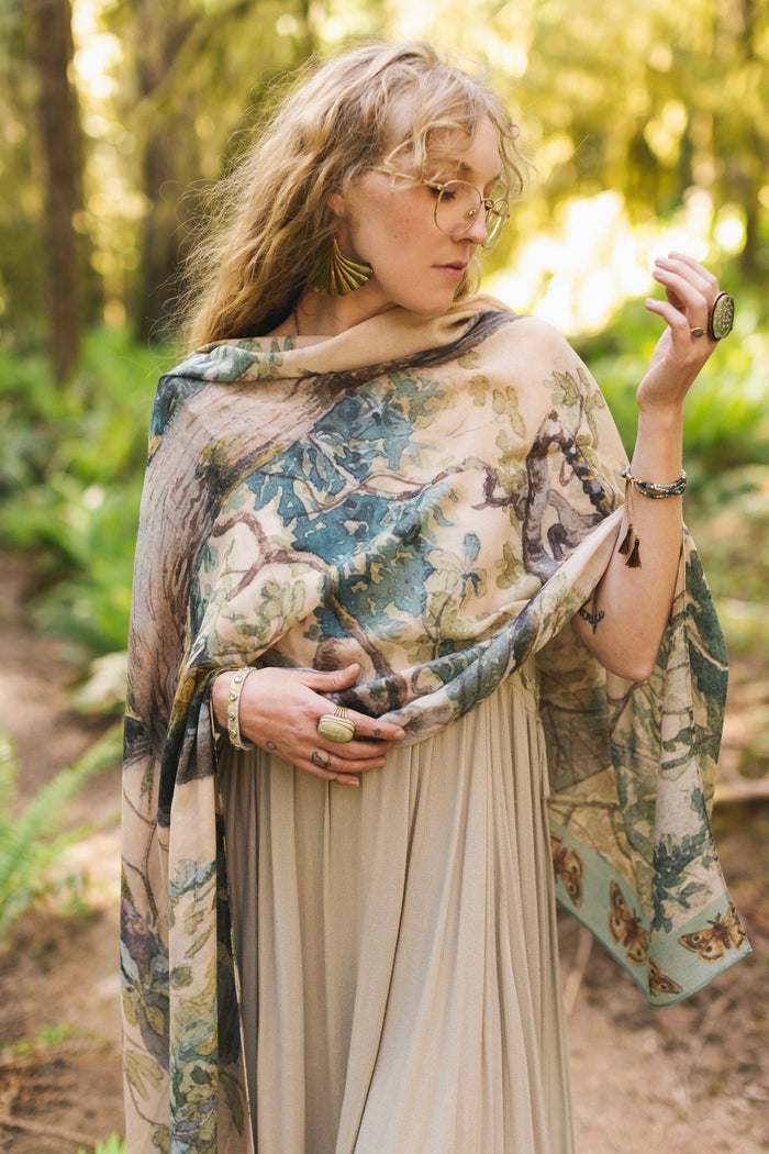 Scarf inspired by Charles Aston’s tree paintings and antique moth artwork – a light, airy accessory perfect for daydreamers and nature lovers – Market of Stars.