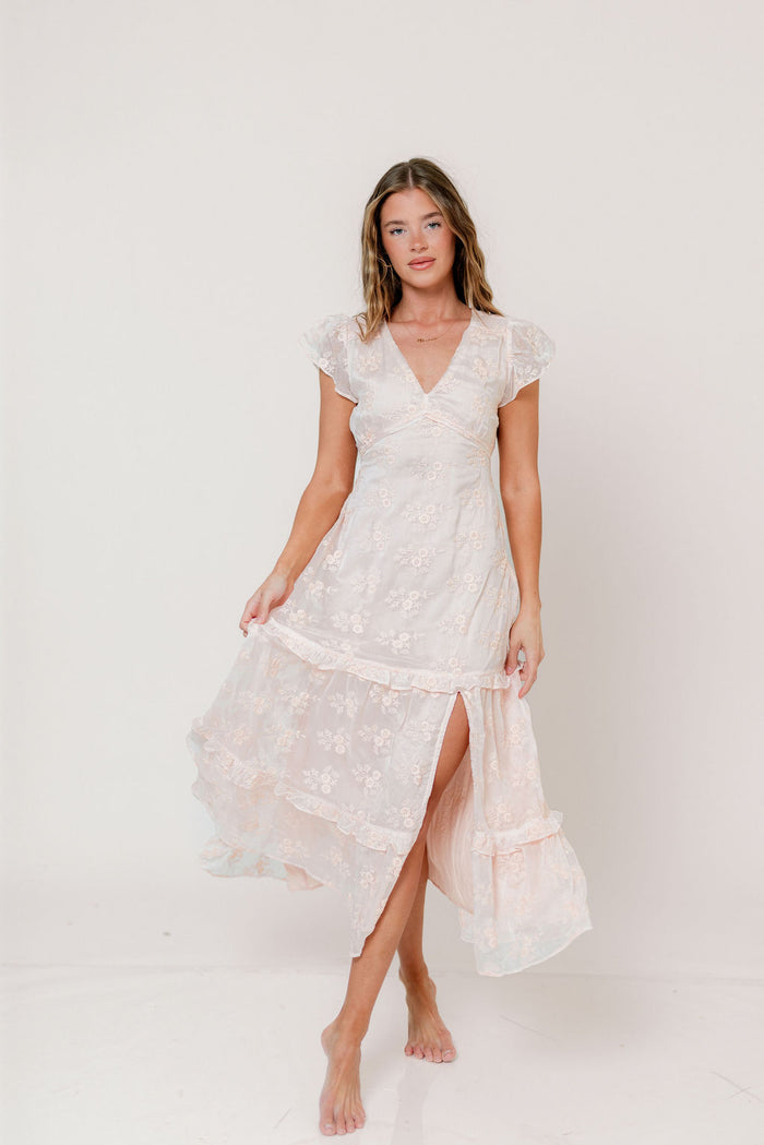 Eleanora Lace Embroidered Tiered Maxi Dress in Apricot *Final Sale*