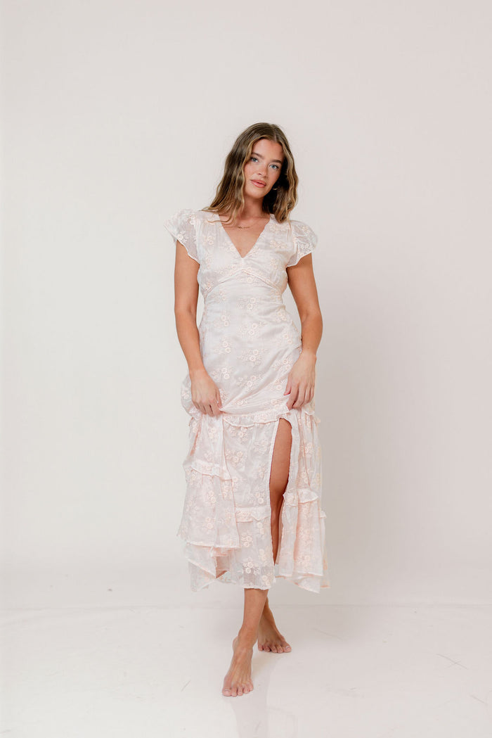 Eleanora Lace Embroidered Tiered Maxi Dress in Apricot *Final Sale*