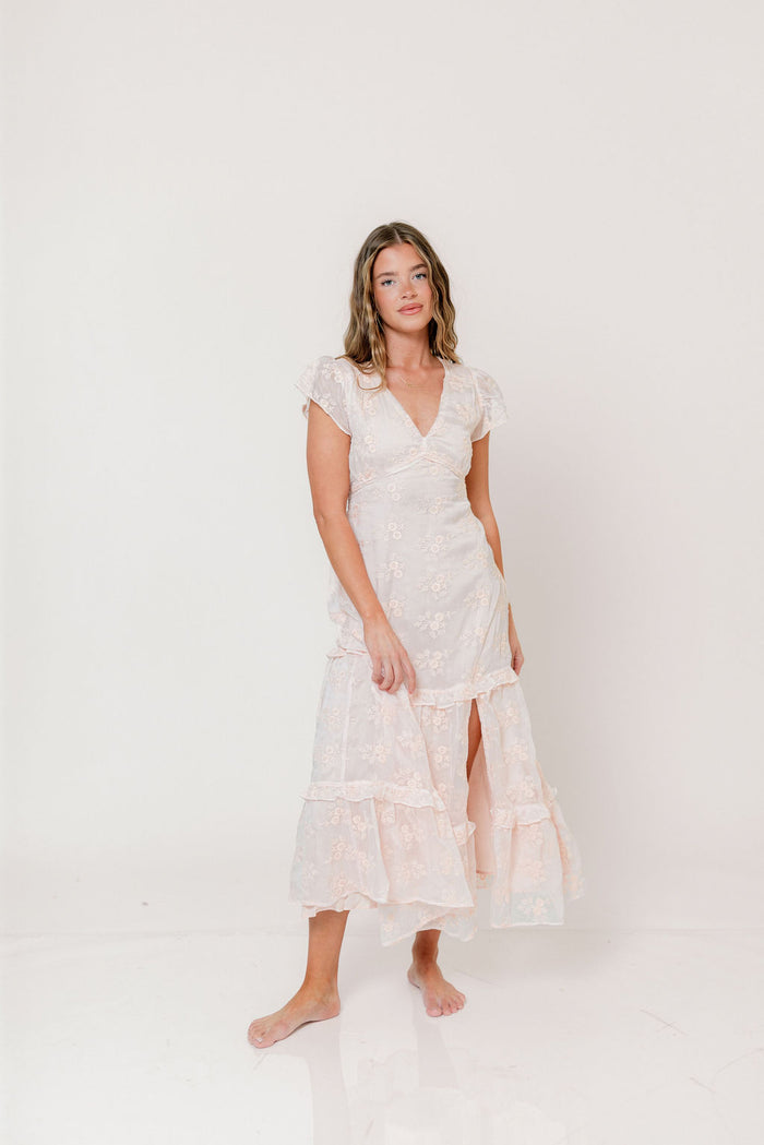 Eleanora Lace Embroidered Tiered Maxi Dress in Apricot *Final Sale*