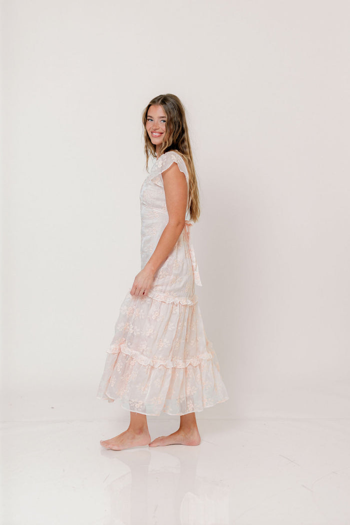 Eleanora Lace Embroidered Tiered Maxi Dress in Apricot *Final Sale*