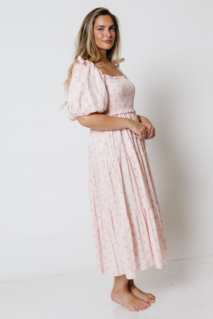 Elena 100% Cotton Floral Midi Dress in Light Pink - Bump Friendly