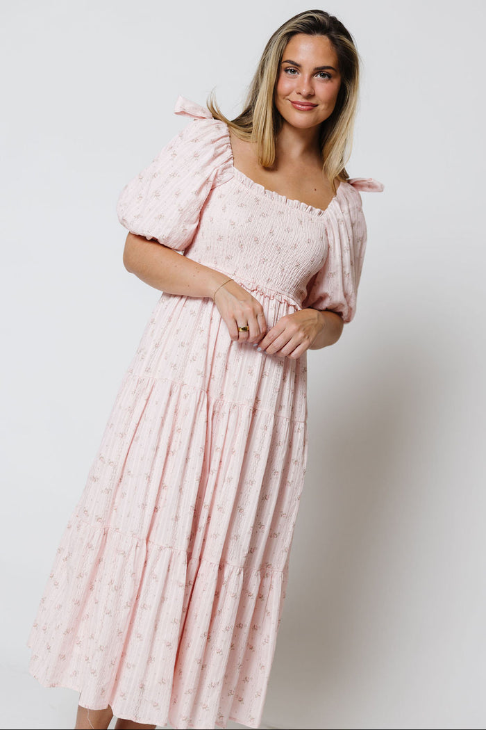 Elena 100% Cotton Floral Midi Dress in Light Pink - Bump Friendly