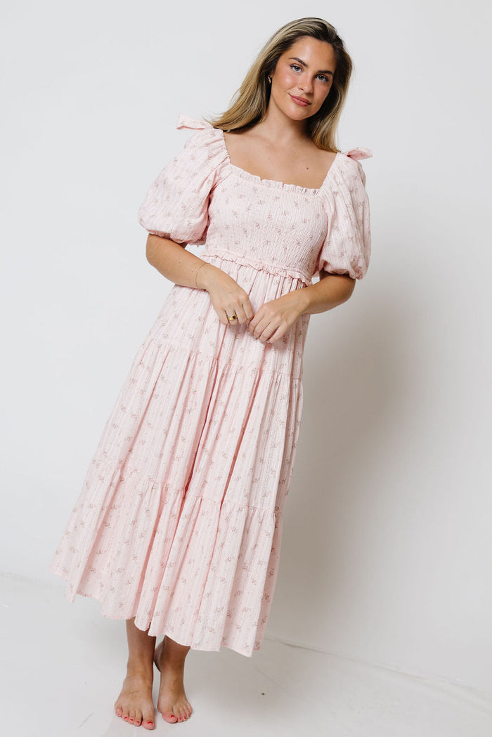 Elena 100% Cotton Floral Midi Dress in Light Pink - Bump Friendly