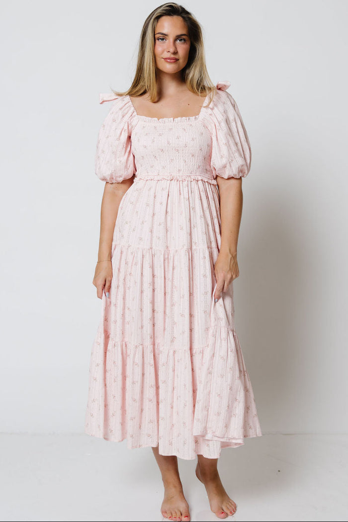 Elena 100% Cotton Floral Midi Dress in Light Pink - Bump Friendly