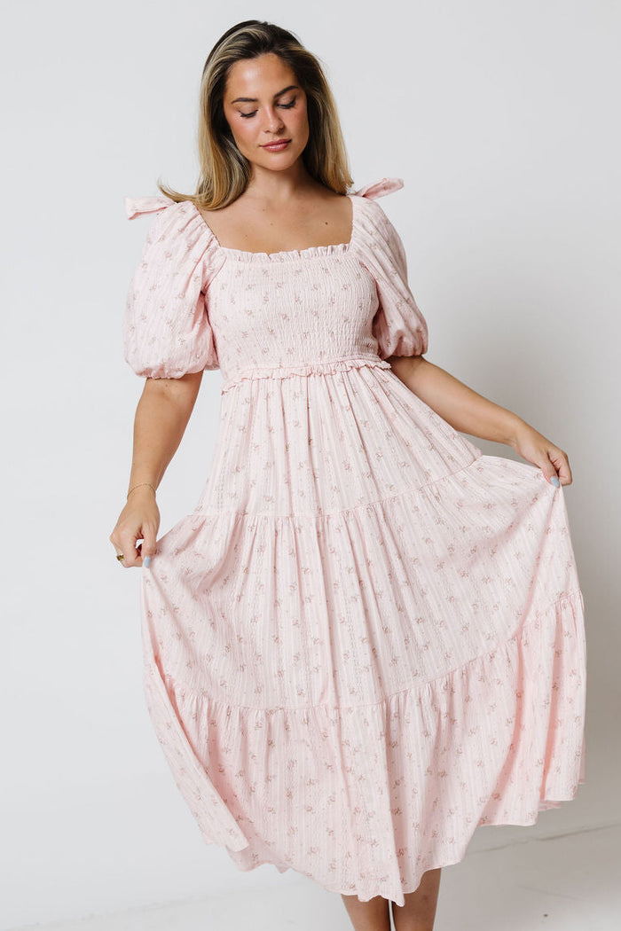 Elena 100% Cotton Floral Midi Dress in Light Pink - Bump Friendly