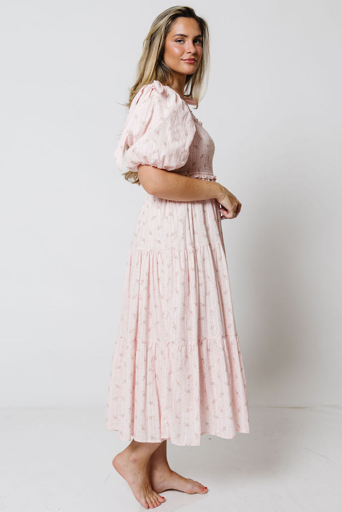 Elena 100% Cotton Floral Midi Dress in Light Pink - Bump Friendly