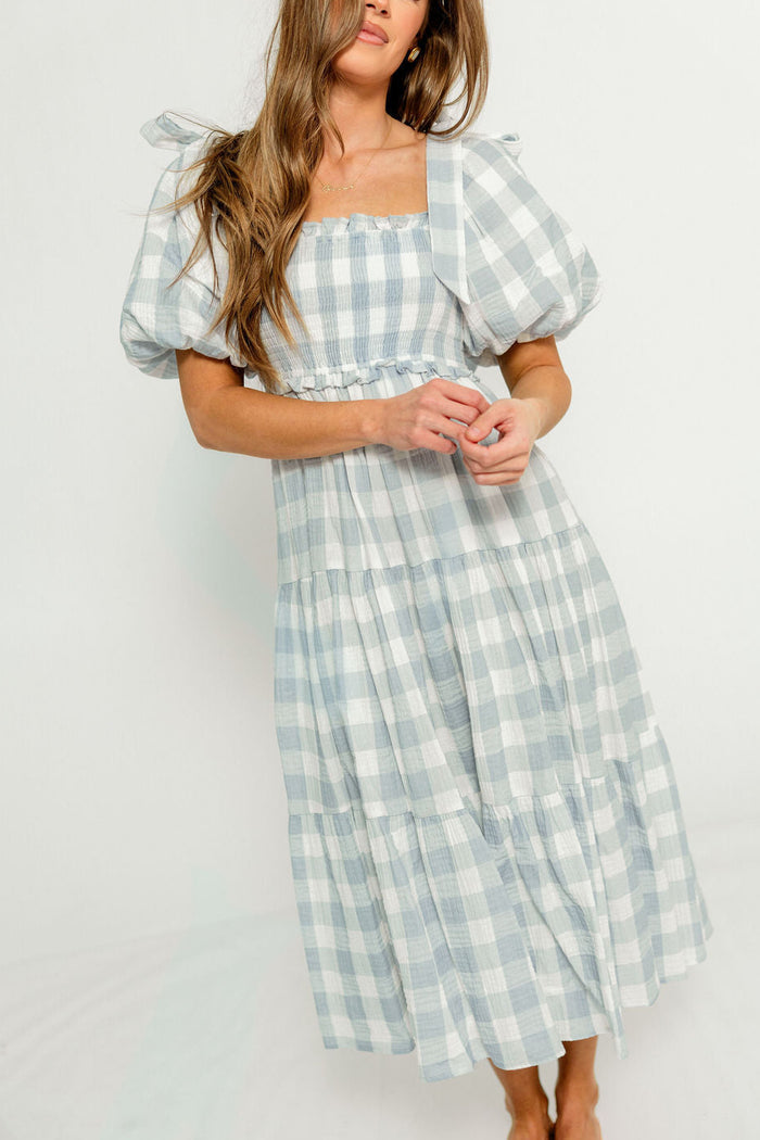 Elena 100% Cotton Gingham Midi Dress in Dusty Blue - Bump Friendly & Inclusive Sizing