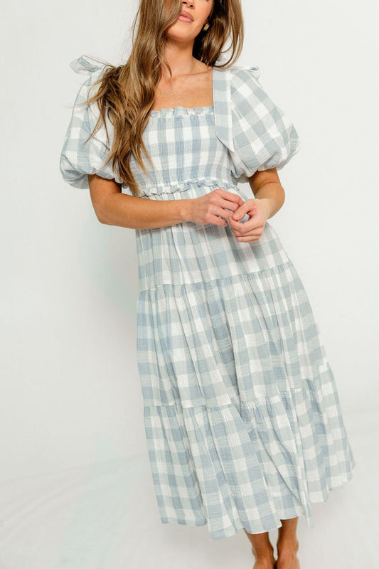 Elena 100% Cotton Gingham Midi Dress in Dusty Blue - Bump Friendly & Inclusive Sizing