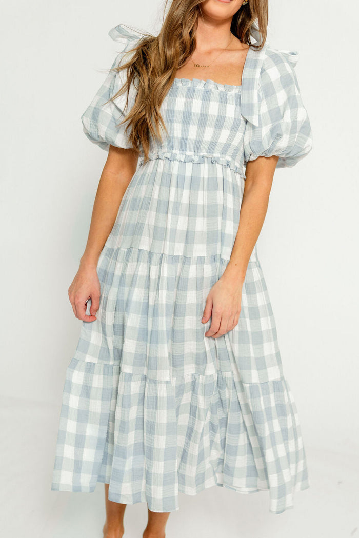 Elena 100% Cotton Gingham Midi Dress in Dusty Blue - Bump Friendly & Inclusive Sizing