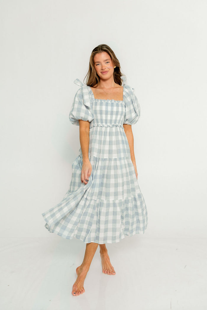 Elena 100% Cotton Gingham Midi Dress in Dusty Blue - Bump Friendly & Inclusive Sizing