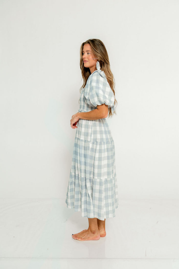 Elena 100% Cotton Gingham Midi Dress in Dusty Blue - Bump Friendly & Inclusive Sizing
