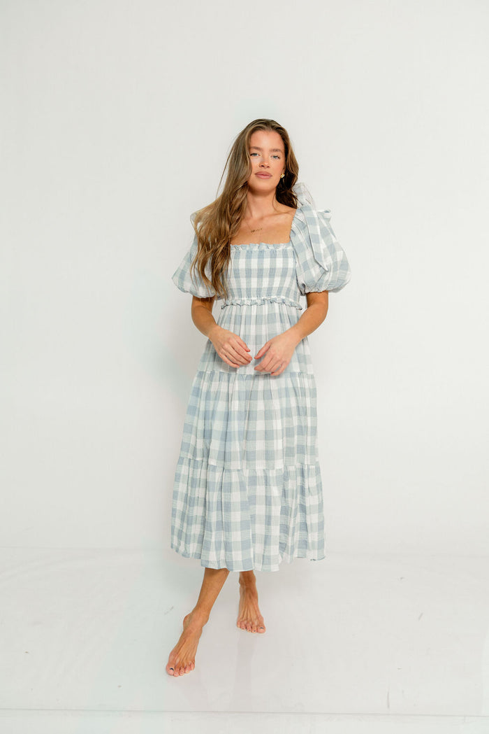 Elena 100% Cotton Gingham Midi Dress in Dusty Blue - Bump Friendly & Inclusive Sizing