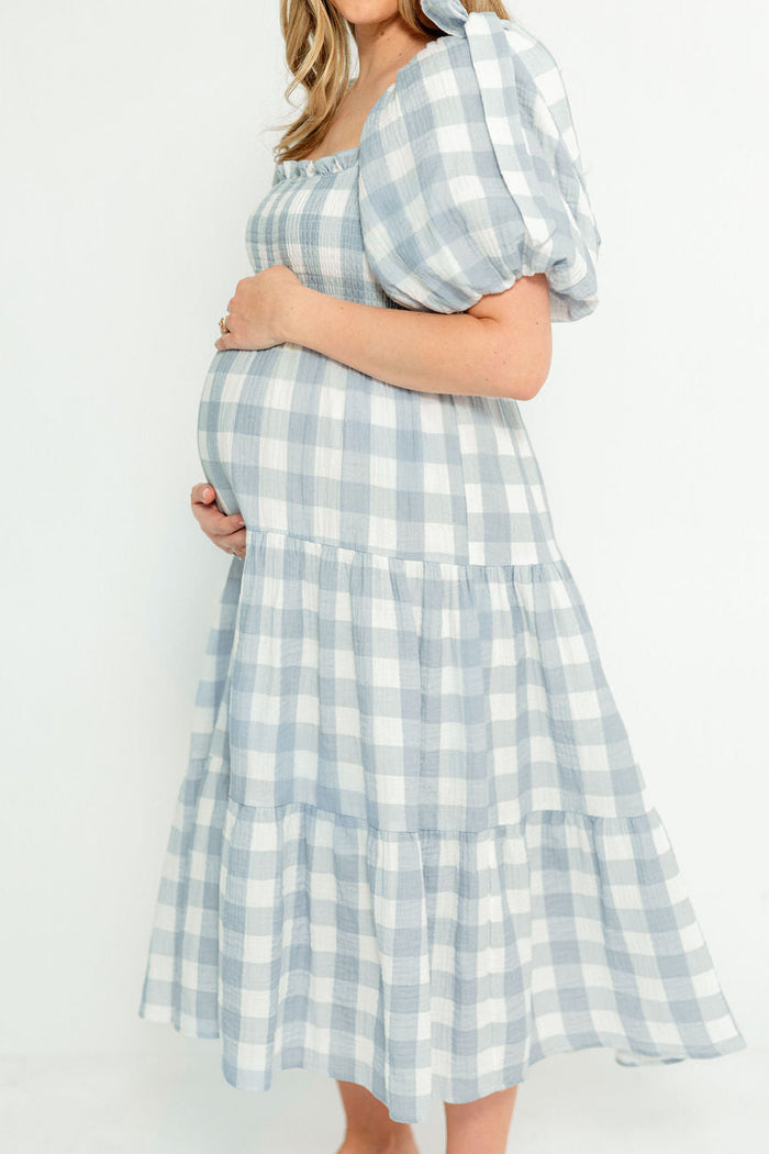Elena 100% Cotton Gingham Midi Dress in Dusty Blue - Bump Friendly & Inclusive Sizing
