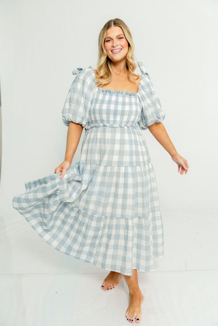 Elena 100% Cotton Gingham Midi Dress in Dusty Blue - Bump Friendly & Inclusive Sizing