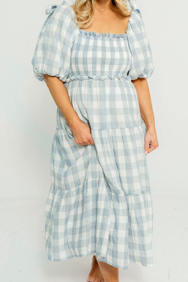 Elena 100% Cotton Gingham Midi Dress in Dusty Blue - Bump Friendly & Inclusive Sizing